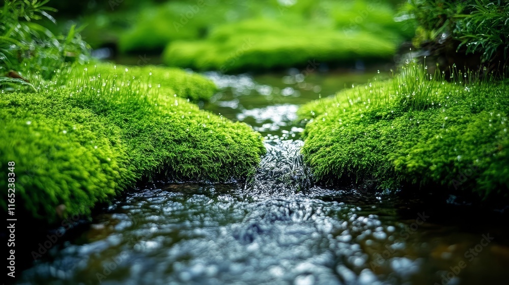 mound of green moss with little stream water