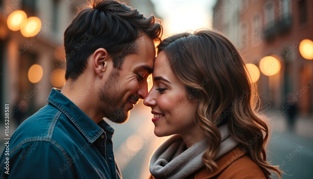 Naklejka premium Couple smiling and embracing in a romantic street setting