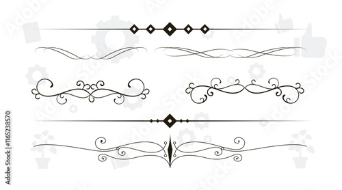 Text devider set, gold line minimal separators, elegant doodlle borders, decorative elements isolated on dark background.