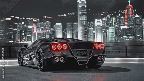 Sleek black supercar parked overlooking the dazzling Hong Kong skyline at night. The image evokes a feeling of luxury