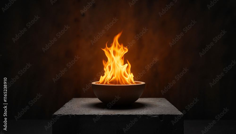 Flames rising from a wooden bowl against a dark background Flames rising from a wooden bowl against a dark background