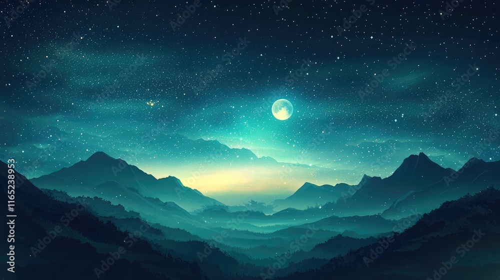 Naklejka premium Cosmic abstract background idea. A serene nighttime landscape featuring mountains under a starry sky and bright moon.