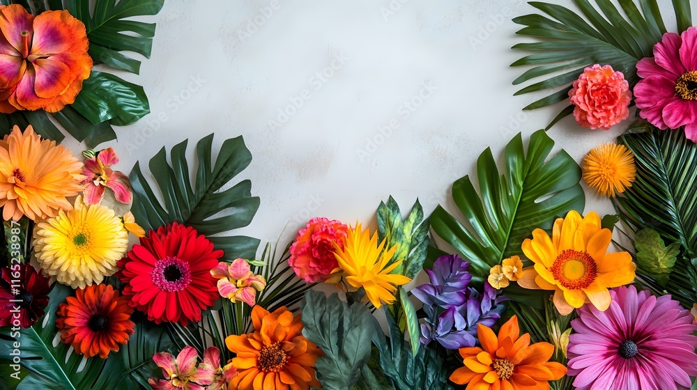 Fototapeta premium A vibrant tropical floral background with bold, colorful flowers and greenery on a light surface