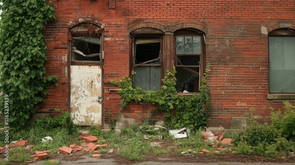 An urban decay scene with crumbling brick walls, overgrown vines, and shattered windows in an abandoned building An urban decay scene with crumbling brick walls, overgrown vines, and shattered windows in an abandoned building