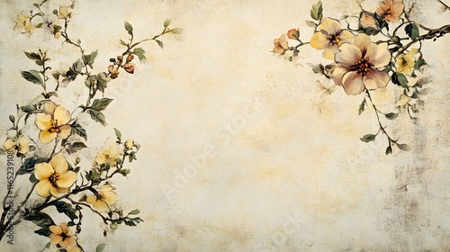 A whimsical floral background with colorful blossoms and swirling vines on a pastel textured paper