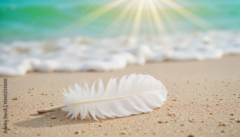 White feather on sandy beach with ocean background White feather on sandy beach with ocean background