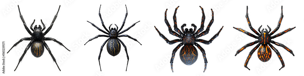 Set of a fantasy black spider with a glowing lava pattern body, isolated on a transparent background. Set of a fantasy black spider with a glowing lava pattern body, isolated on a transparent background.