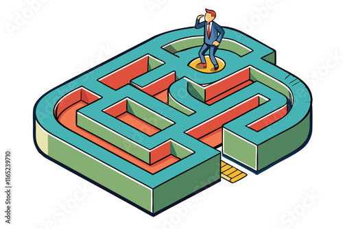 Creative vector illustration of a financial maze with a businessman navigating toward a dollar sign, symbolizing financial challenges