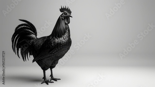 A striking black and white image of a proud rooster standing against a minimalist background, showcasing its elegant features and posture. photo