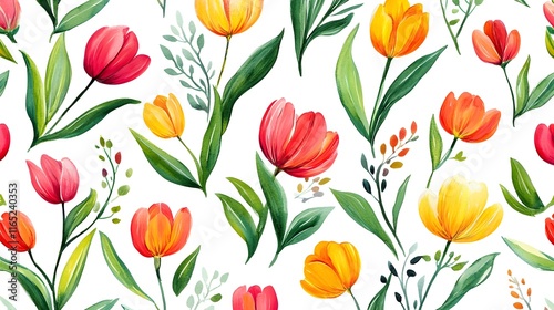 Wallpaper Mural A bright floral pattern with vivid tulips and greenery scattered on a crisp white background Torontodigital.ca