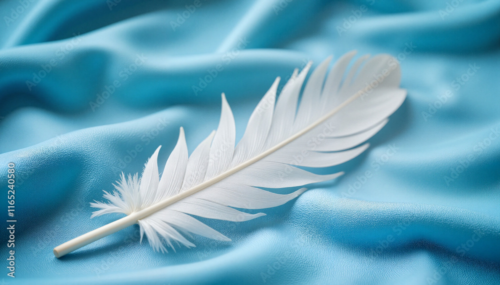 Obraz premium White feather on soft blue fabric