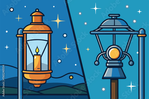 Artistic representation of vintage lanterns and modern streetlights side by side, illustrating historical progress in illumination