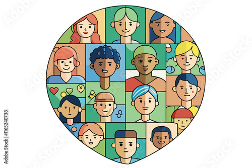 Artistic heart shaped vector collage filled with multicultural faces, symbolizing global friendship, equality, and peace