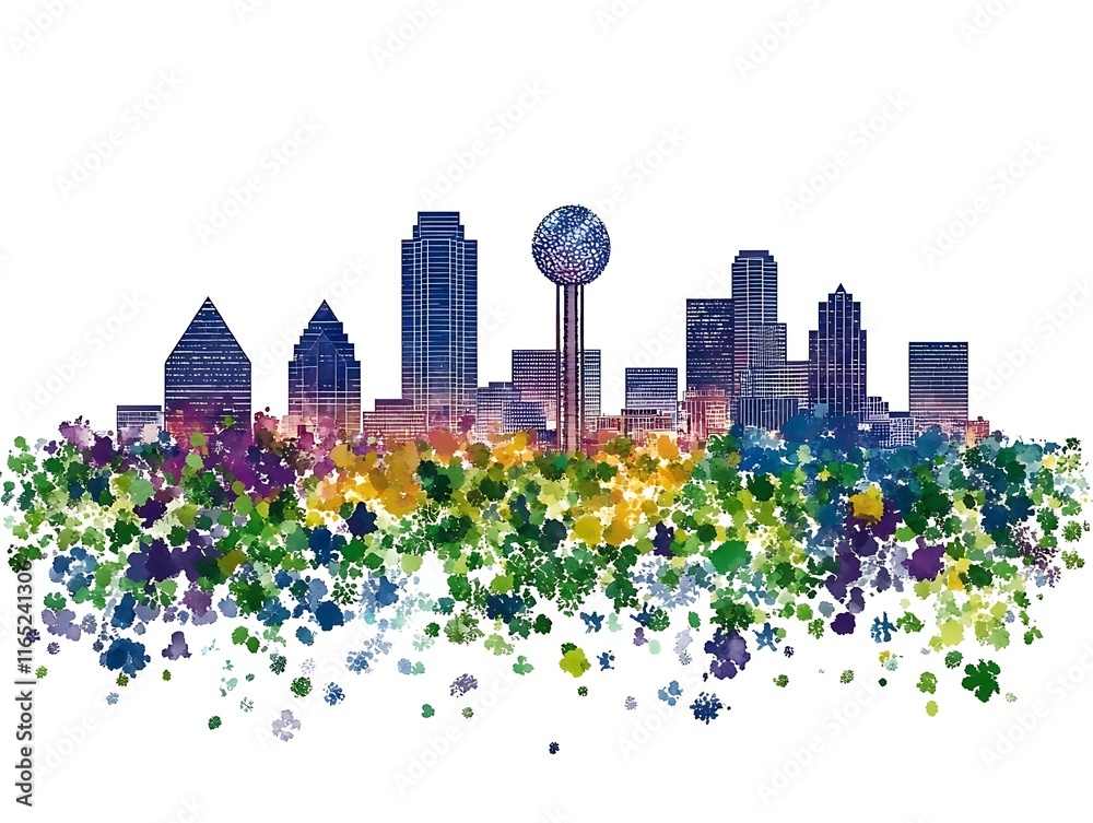 Fototapeta premium Dallas Texas Cityscape Skyline Watercolor Art