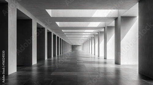 Modern minimalist hallway with light shafts.