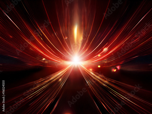 Intense red and orange light streaks converge at a bright central point, suggesting rapid movement and energy.  The dark background enhances the luminous effect.