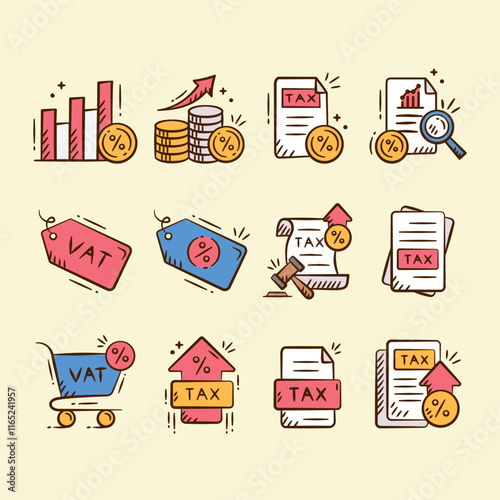 Tax rises doodle icon set. Finance hand drawn sketch illustration collection containing tax document, tax inflation policy, value added tax, increasing vat, chart growth.