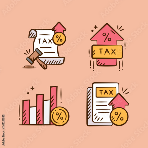 Tax rises doodle icon set. Finance hand drawn sketch illustration collection containing tax document, tax inflation policy, value added tax, increasing vat, chart growth.
