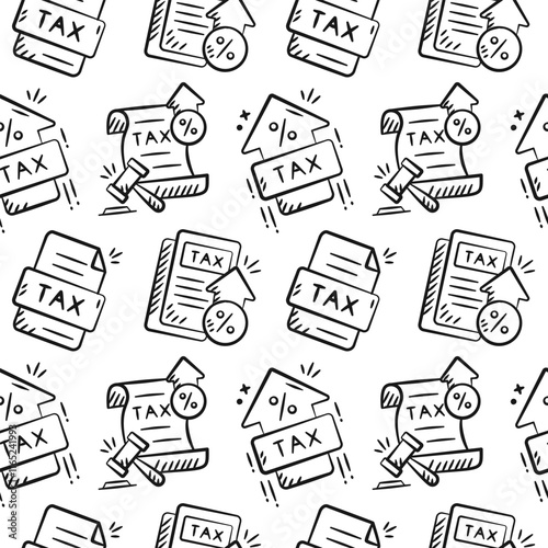 Tax rises doodle background. Finance icon seamless pattern containing hand drawn illustration of tax document, tax inflation policy, value added tax, increasing vat, chart growth.
