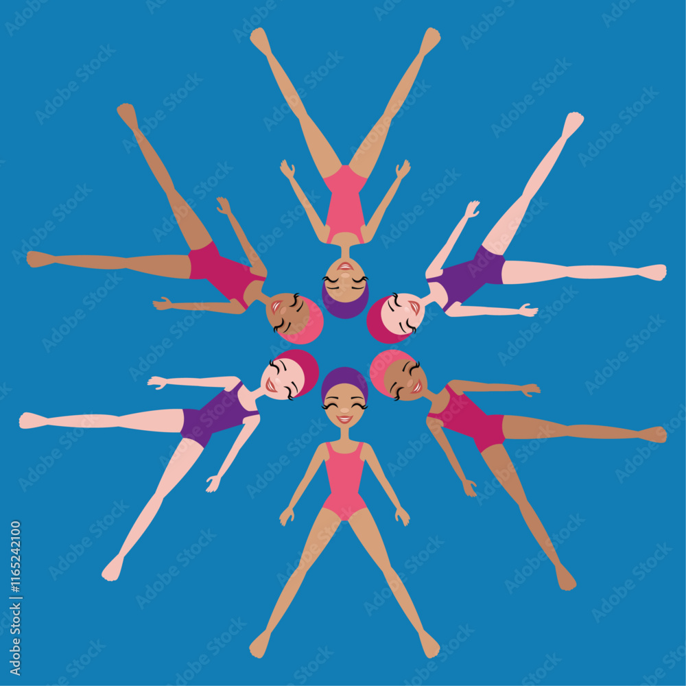 Vector illustration of six synchronized swimmers Vector illustration of six synchronized swimmers