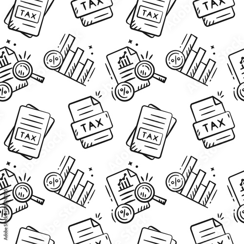 Tax rises doodle background. Finance icon seamless pattern containing hand drawn illustration of tax document, tax inflation policy, value added tax, increasing vat, chart growth.