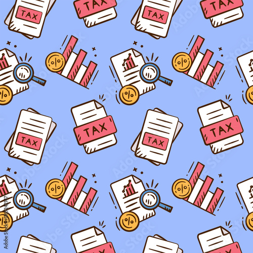 Tax rises doodle background. Finance icon seamless pattern containing hand drawn illustration of tax document, tax inflation policy, value added tax, increasing vat, chart growth.