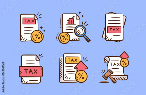 Tax rises doodle icon set. Finance hand drawn sketch illustration collection containing tax document, tax inflation policy, value added tax, increasing vat, chart growth.