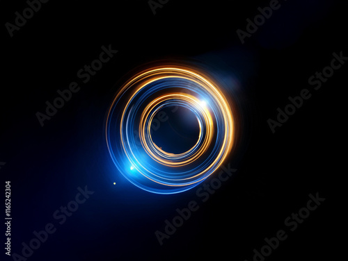 Intricate, glowing concentric circles of blue and gold light spin against a dark background, creating a mesmerizing optical illusion of depth and movement.