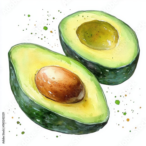 Watercolor Painting of Two Halved Avocados Fresh Green Fruit Healthy Food Illustration