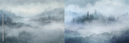 Ethereal landscape shrouded in mist, featuring soft hues and distant trees for a serene atmosphere.