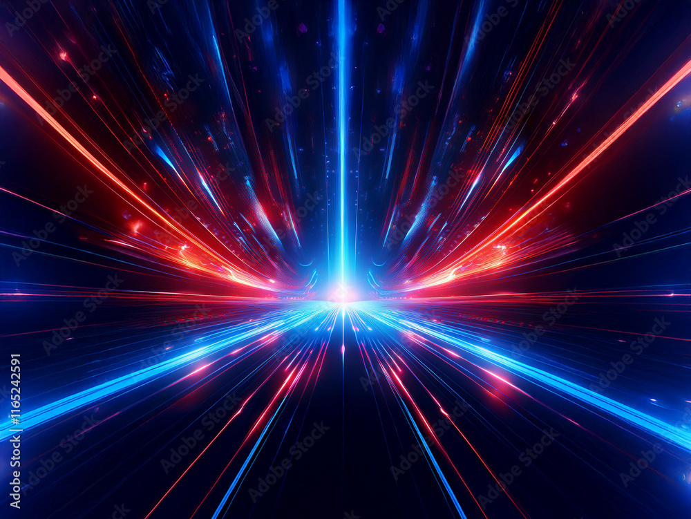 Obraz premium Abstract image of vibrant red and blue light streaks converging at a vanishing point, suggesting speed and energy in a dark space. A sense of motion and futuristic technology is conveyed.