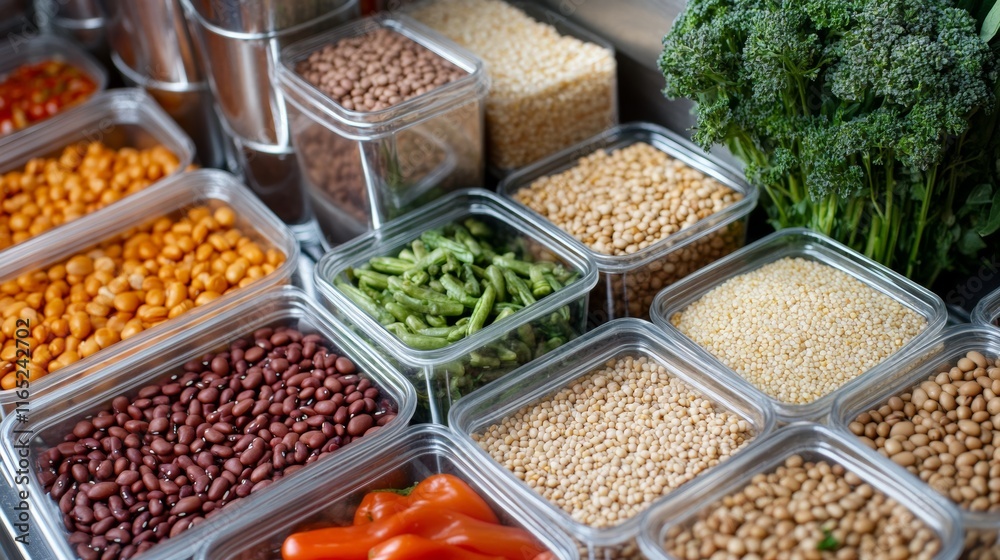 A high-protein vegan meal prep station with containers of beans, grains, and vegetables neatly arranged A high-protein vegan meal prep station with containers of beans, grains, and vegetables neatly arranged