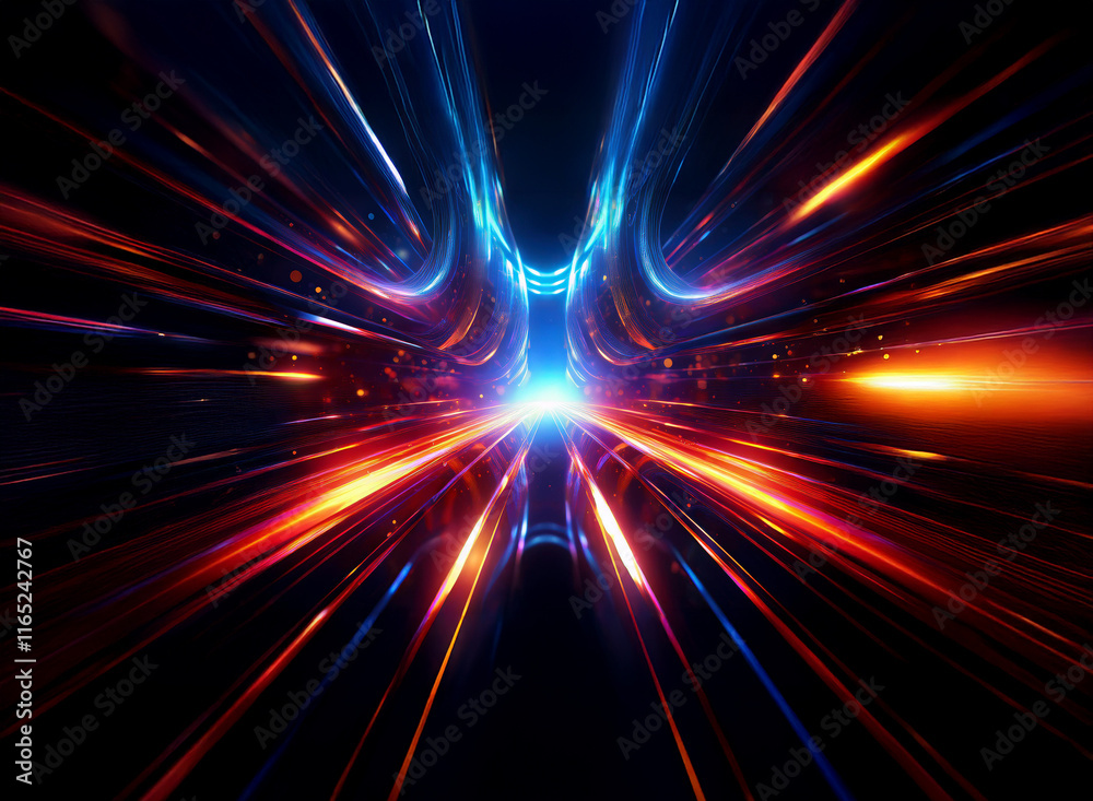 Obraz premium A vibrant, symmetrical tunnel of light streaks through a dark space, radiating energy and speed. The colors are intense, creating a sense of futuristic movement.