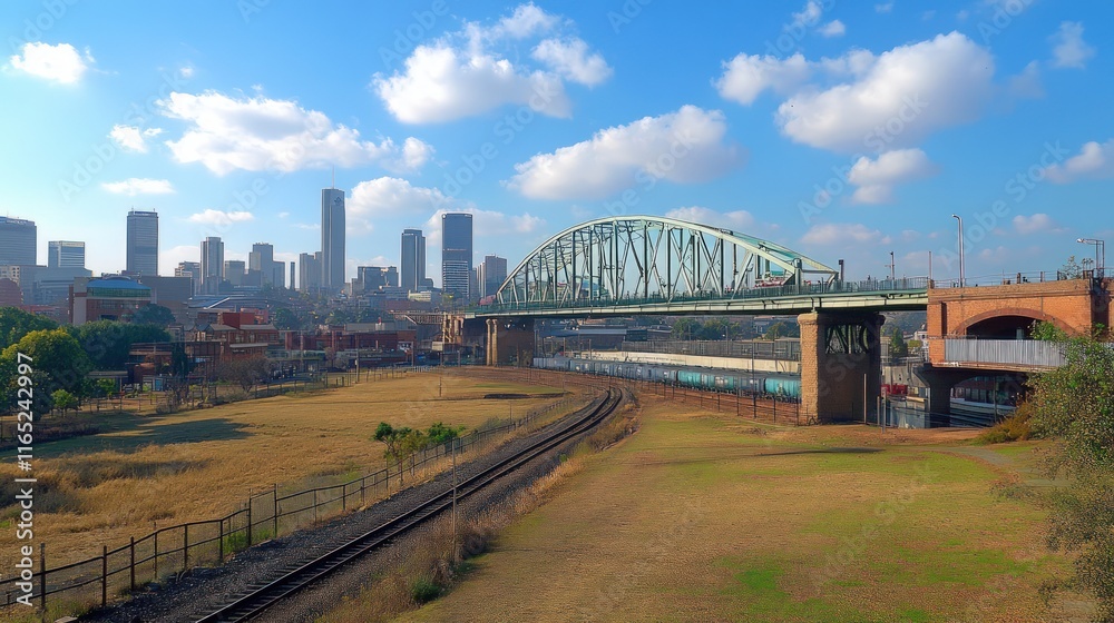 Naklejka premium Cityscape view with railroad tracks, bridge, and skyline under a partly cloudy sky.