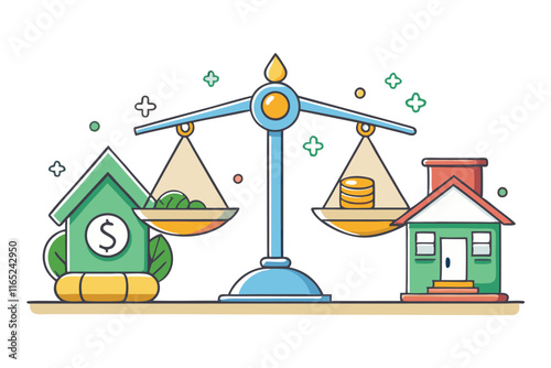 Vibrant financial themed vector illustration of a balance scale weighing money and real estate, symbolizing financial choices and equity