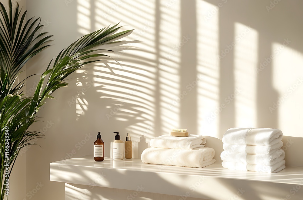 Fototapeta premium Minimalist white bathroom with sunlight streaming through the window, spring background