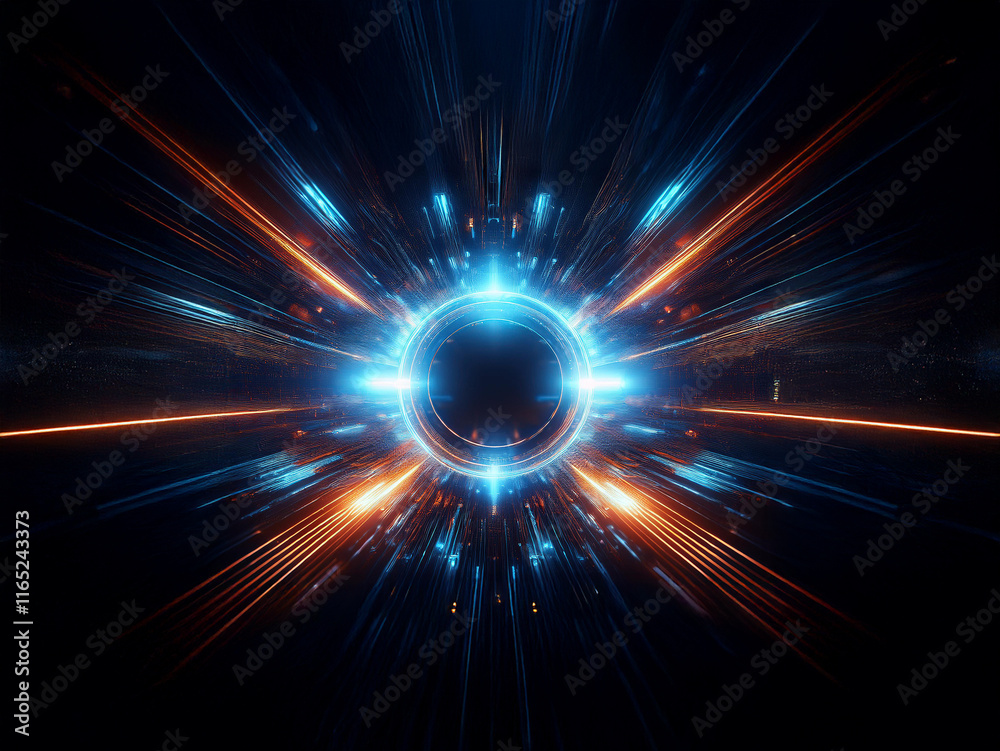 Fototapeta premium A mesmerizing abstract image depicting a glowing circular portal, radiating vibrant orange and blue energy streaks against a dark background, suggesting speed, power, and otherworldly travel.