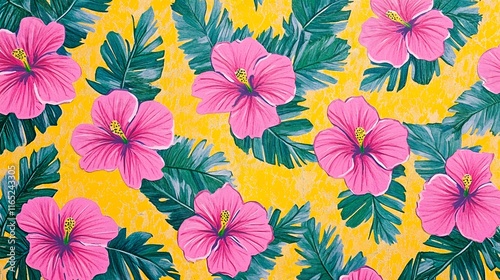 A tropical floral pattern with hibiscus flowers and palm leaves on a bold colored paper background