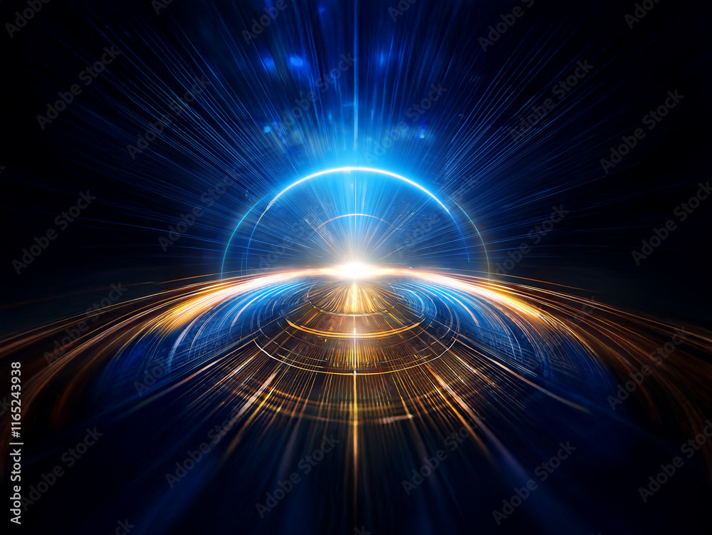 Fototapeta premium Abstract digital art depicting a glowing orb at the center of concentric rings, radiating light and energy. The vibrant colors suggest speed and power.