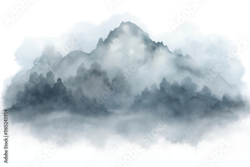 Majestic mountains enveloped in mist, creating a dramatic and serene landscape with deep hues of blue and gray.