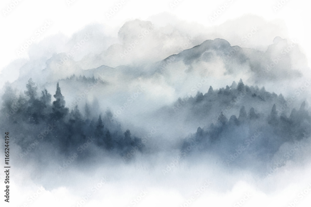 Enigmatic mist shrouding mountains and trees, creating a serene and atmospheric landscape in soft watercolor tones.