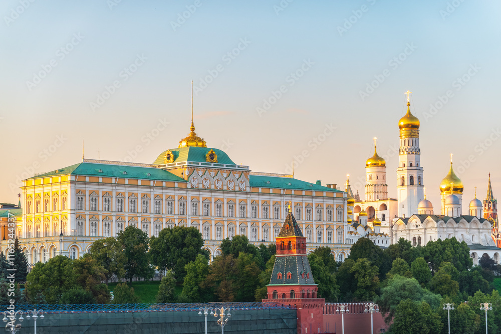 Grand Kremlin Palace. Ivan the Great Bell Tower on a summer day. Attractions of Russia. Panorama of Moscow. The capital of Russia on a summer day. Grand Kremlin Palace. Ivan the Great Bell Tower on a summer day. Attractions of Russia. Panorama of Moscow. The capital of Russia on a summer day.