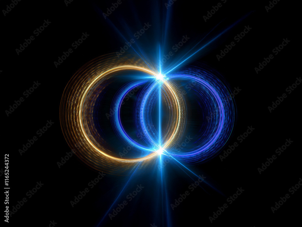 Obraz premium Two luminous rings, gold and blue, intertwine, emitting a brilliant central light against a dark background. The image evokes a sense of connection and energy.