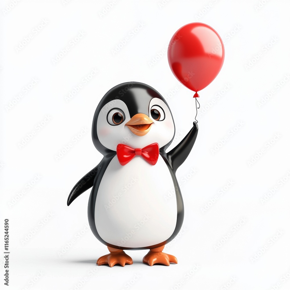 Fototapeta premium Adorable Penguin with Red Balloon: A Festive 3D Render