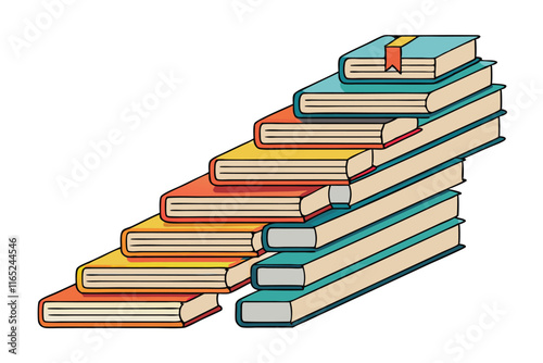 colorful vector image of books arranged in steps, illustrating knowledge progression, intellectual growth, and success through education
