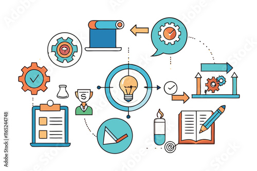 creative educational infographic with circular icons of books, lightbulb, gears, and graphs symbolizing knowledge, progress, and growth