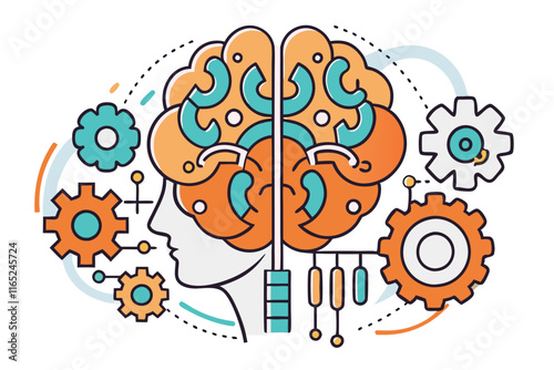 stylized brain and gears design representing the synergy of human intelligence, creativity, and mechanical precision in modern concepts