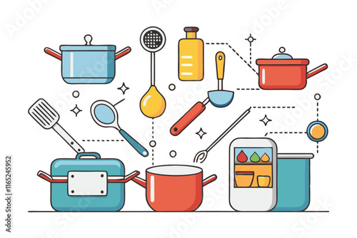 Modern kitchen equipment and utensils vector art, showcasing interconnected elements in a dynamic culinary themed infographic style