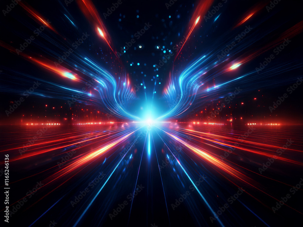 A mesmerizing abstract artwork showcasing vibrant red and blue light streaks converging at a central point, creating a dynamic, symmetrical design reminiscent of a futuristic portal or energy field. A mesmerizing abstract artwork showcasing vibrant red and blue light streaks converging at a central point, creating a dynamic, symmetrical design reminiscent of a futuristic portal or energy field.