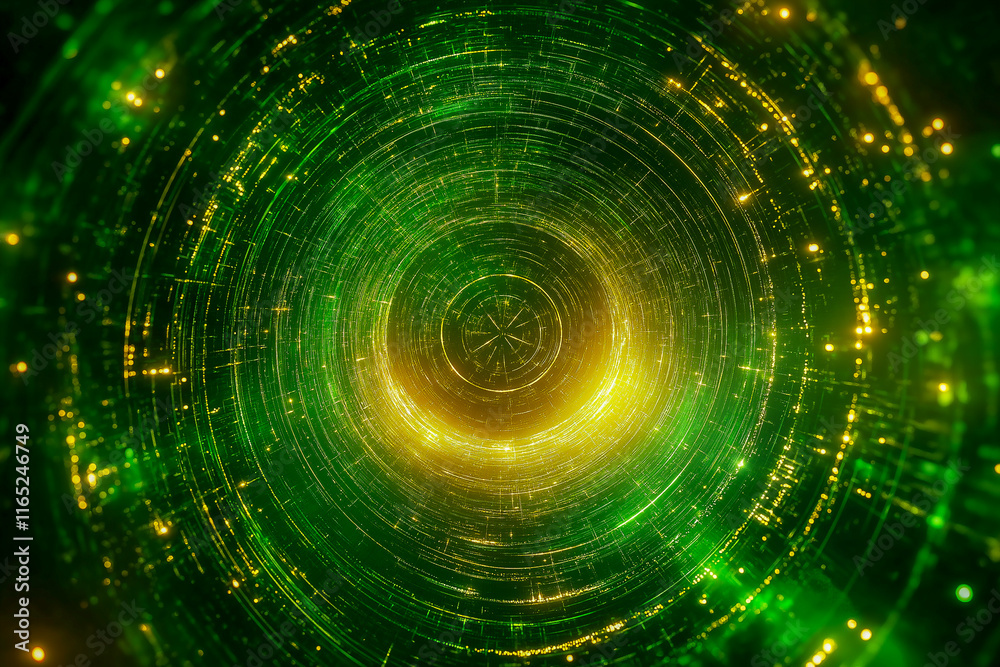 Obraz premium Dynamic background dominated by green with yellow flashes. TV game wheel effect in the centre of the image.